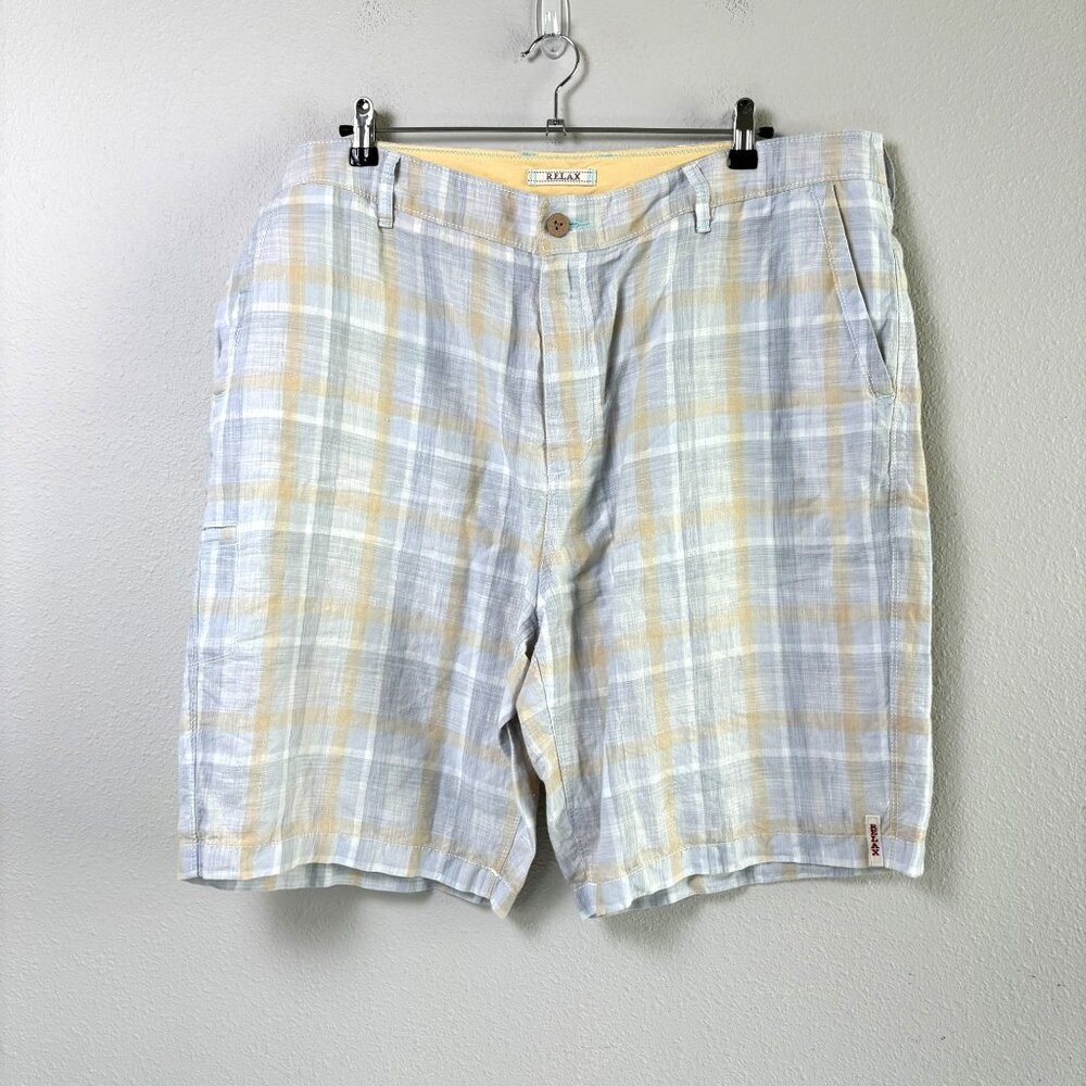 Tommy Bahama Relax Chino Shorts Mens Size 40 Gray Yellow Plaid 100% Linen
